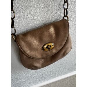 Fossil Gold Metallic Leather Small crossbody bag purse with brass buckle
